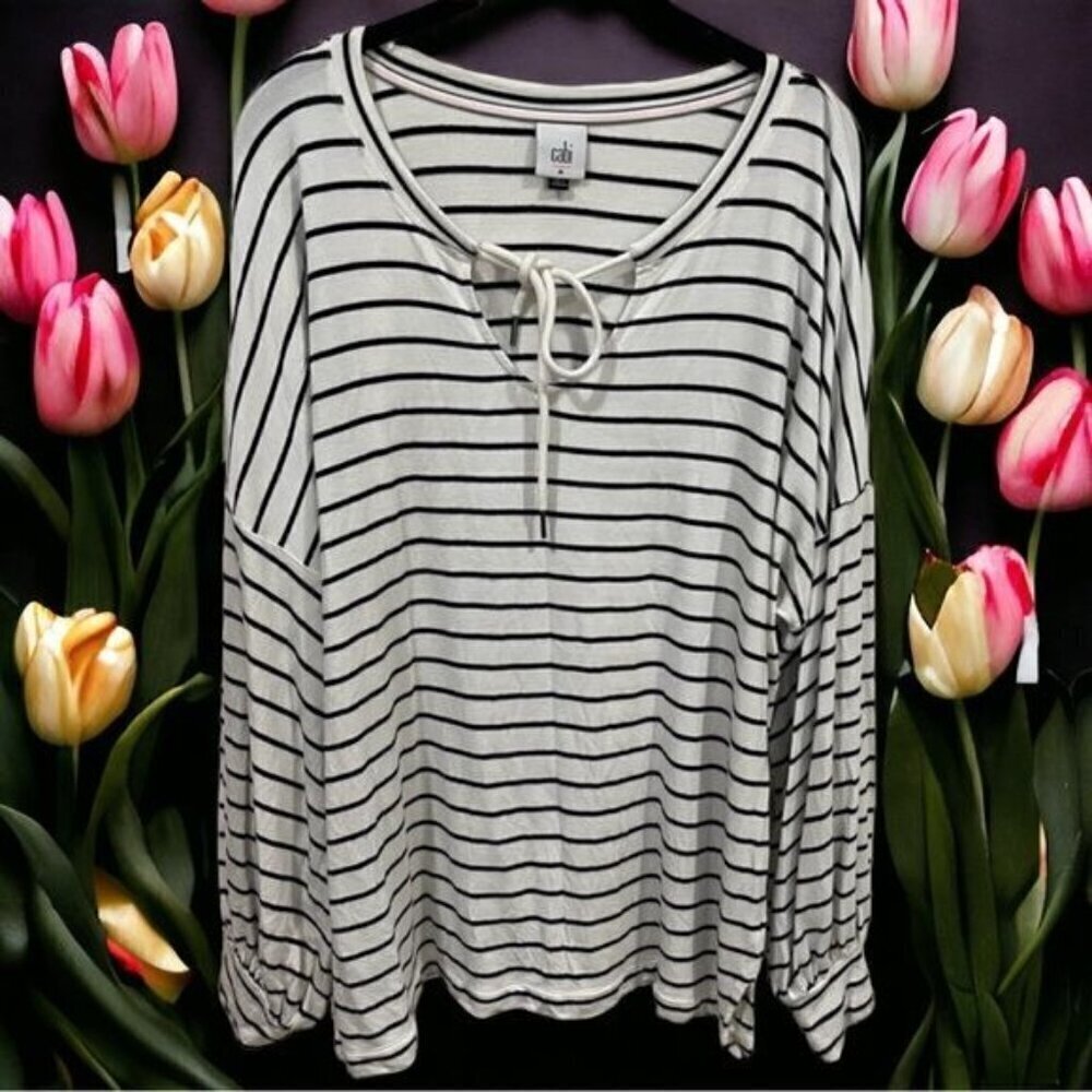 CAbi White and Black Striped Jersey Knit Long Sleeve Tiefront Size M